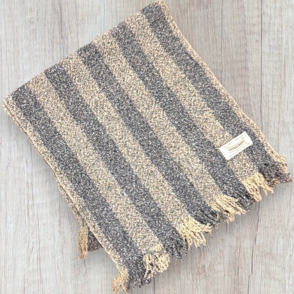 Mucros Handwoven Ireland Wool Scarf Gray Beige Stripe Fringe Women’s Vintage
